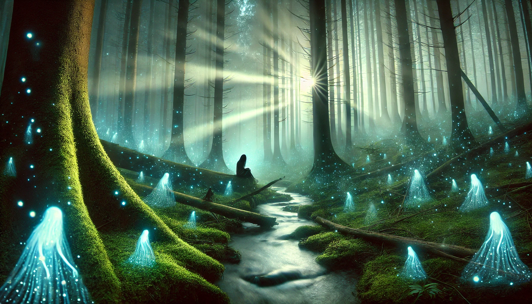 DALL·E 2025-01-16 17.37.03 - A mystical and magical forest scene inspired by a poem. The woodland is enveloped in ethereal, glowing mist that swirls softly around the tall trees.